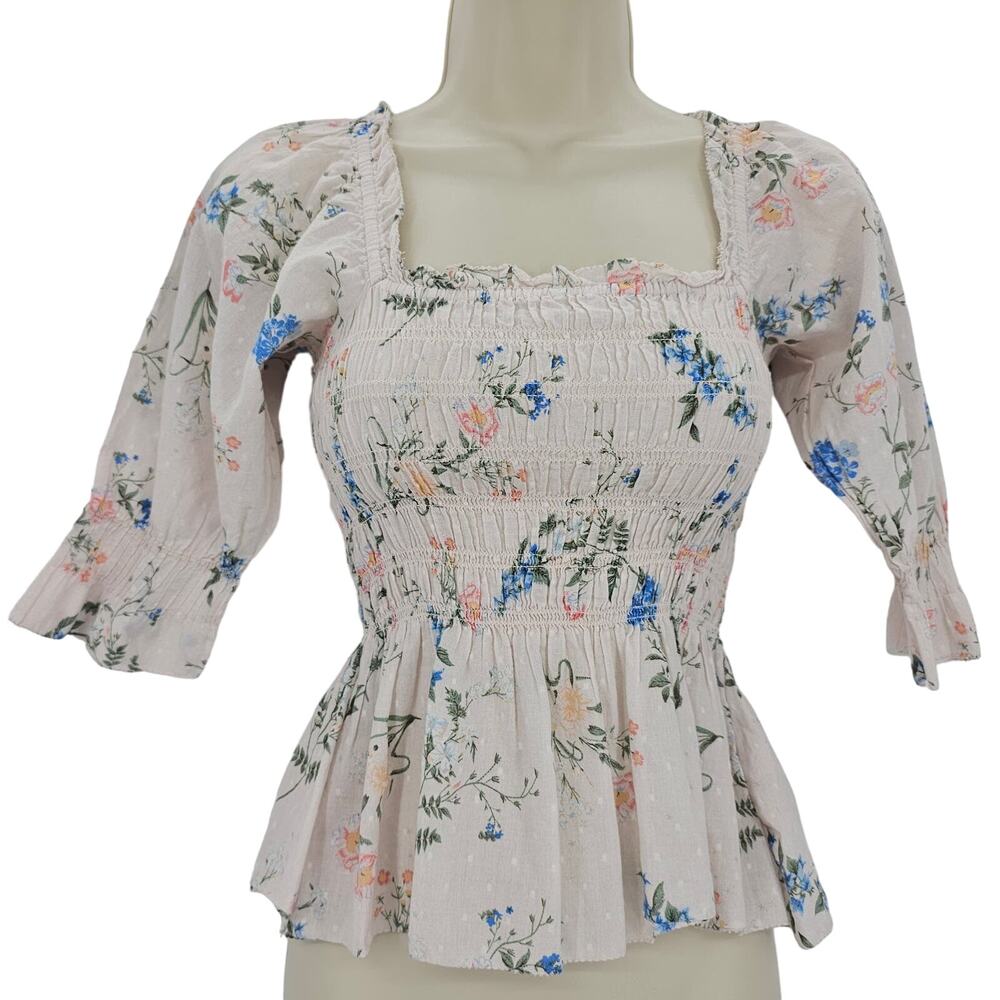 Saylor Womans size XS Clover Floral Smocked Top Peplum Puffed Sleeve Square Neck